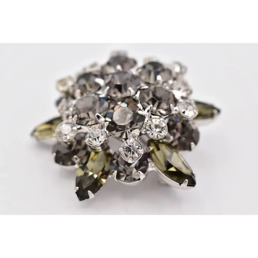 Vintage Smoky Gray Rhinestone Brooch Silver Crystal Cluster Flower Pin 60s BinBI